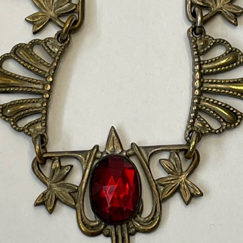 Vintage-Inspired Red Gemdrop Necklace.  14” - Picture 3 of 5